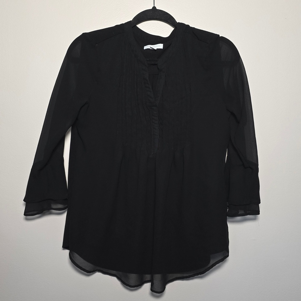Charter Club Black Sheer Pintuck Bell Sleeve Tunic Blouse Women's XS Fairy
